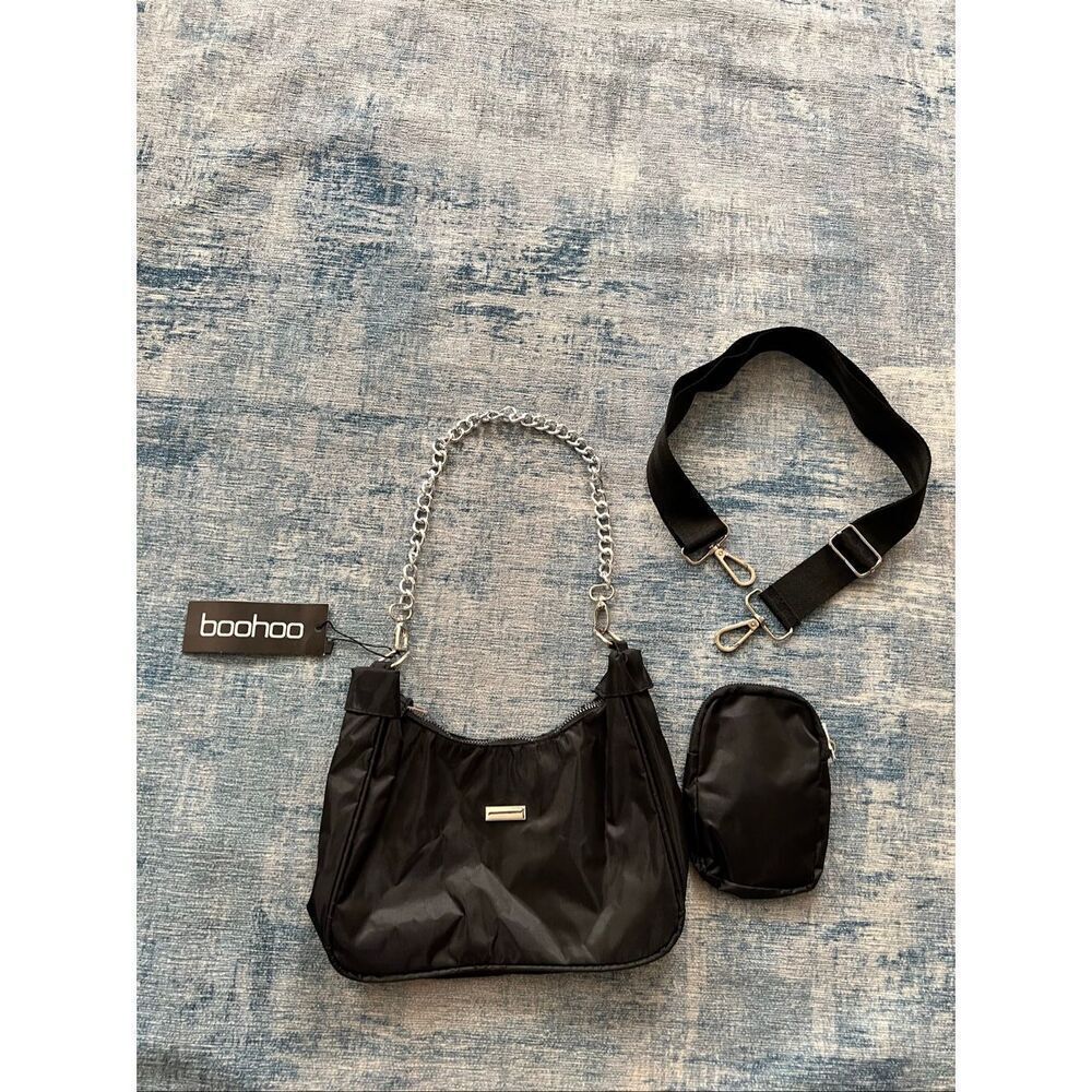 NWT! Boohoo Black Nylon Shoulder Bag w Detachable Crossbody Strap and Pouch